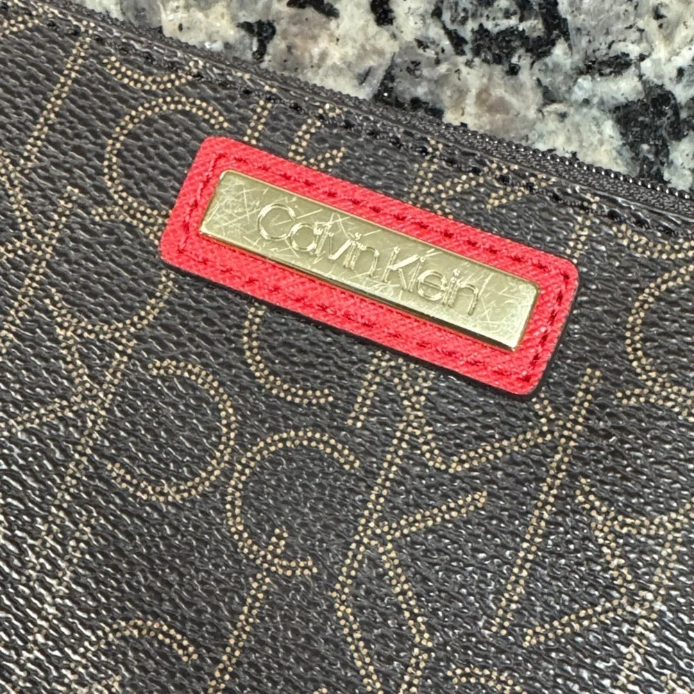 Calvin Klein Logo Wristlet in Brown and Red NWT